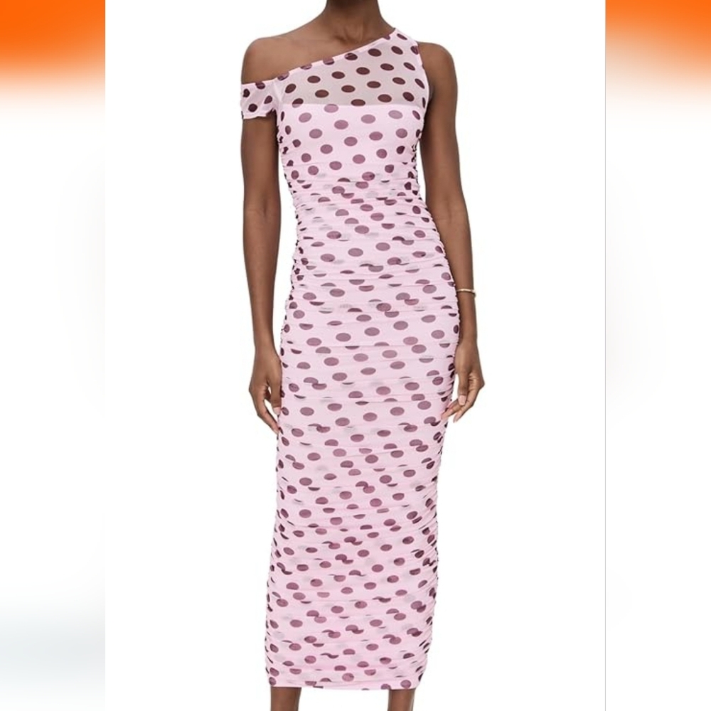 AFRM One Shoulder Pink Polka Dot Dress